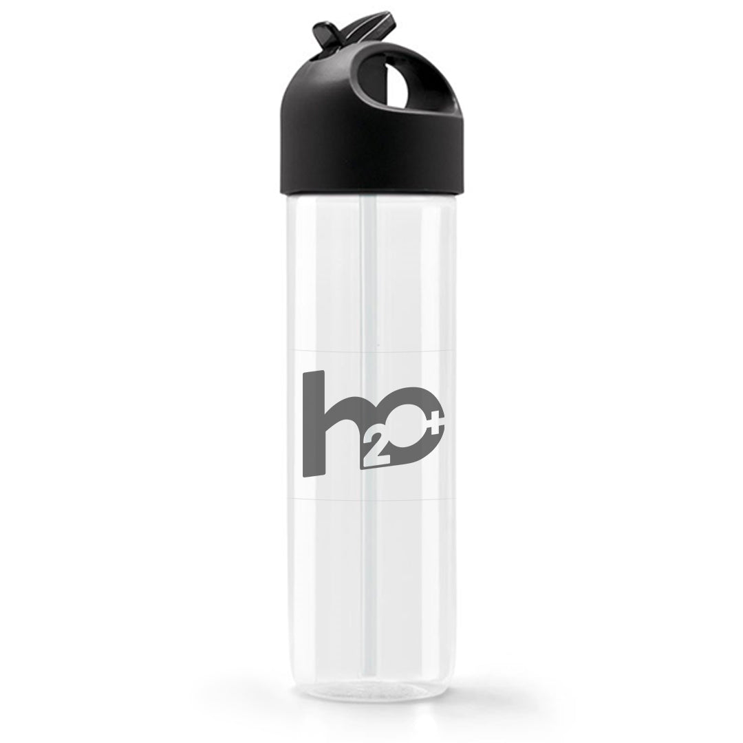 Gourde de 500ml pratique avec paille intégrée, avec un logo h2o+ étiqueté
Couleur transparente, bouchon noir, bouchon flip flop et paille retirable.