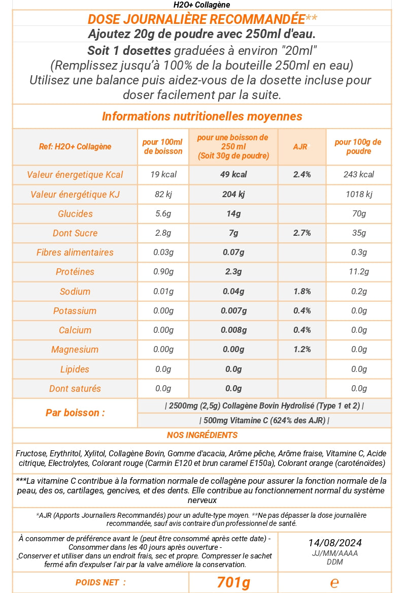 Informations nutritionelles de la boisson au collagène type 1 et 2 de h2o+