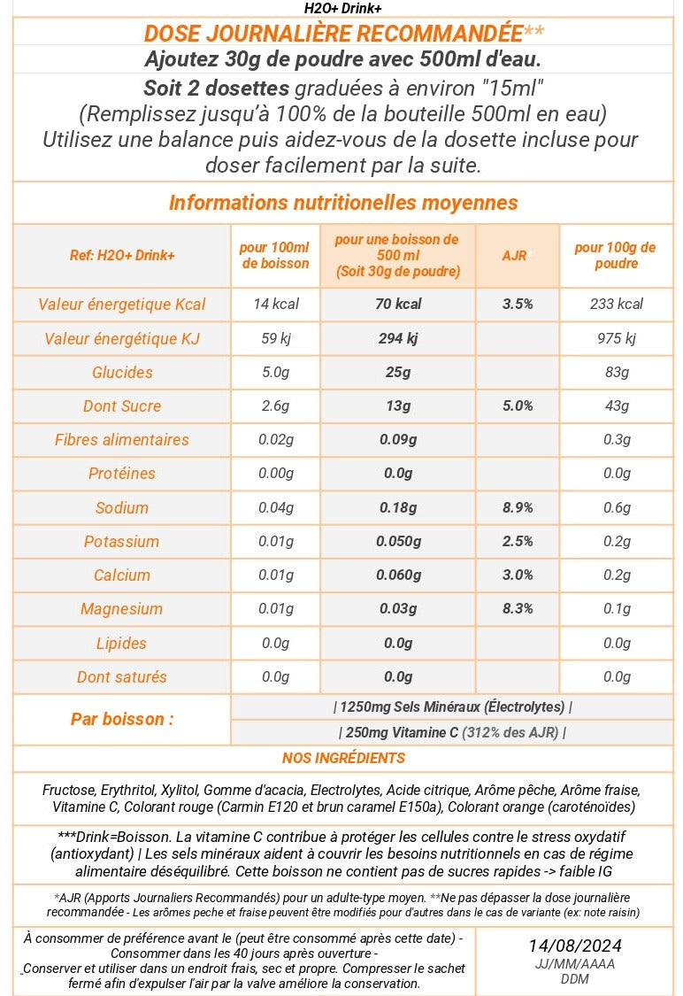 Informations nutritionnelles de la boisson pour l'hydratation sans édulcorant artificiel drink+ de h2o+